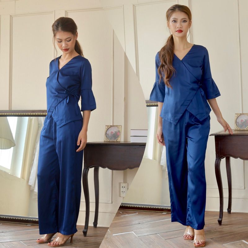 Bộ dài mặc nhà lụa satin co giãn tay lỡ cổ V Infashion