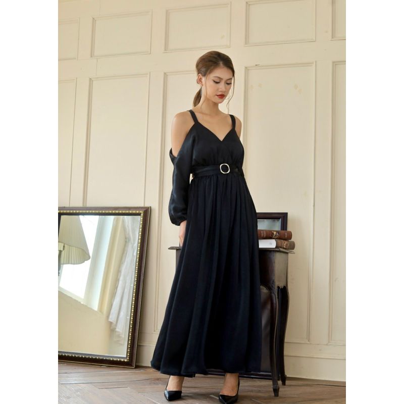 Đầm maxi tay liền trơn có kèm bút nịt và khăn turban