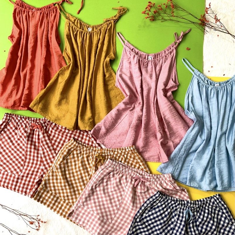 Đồ bộ đùi cổ yếm phối quần caro Infashion