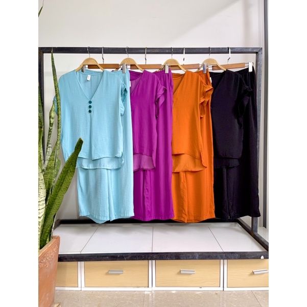 Đồ bộ mặc nhà quần dài vải lụa tay liền cổ V Infashion