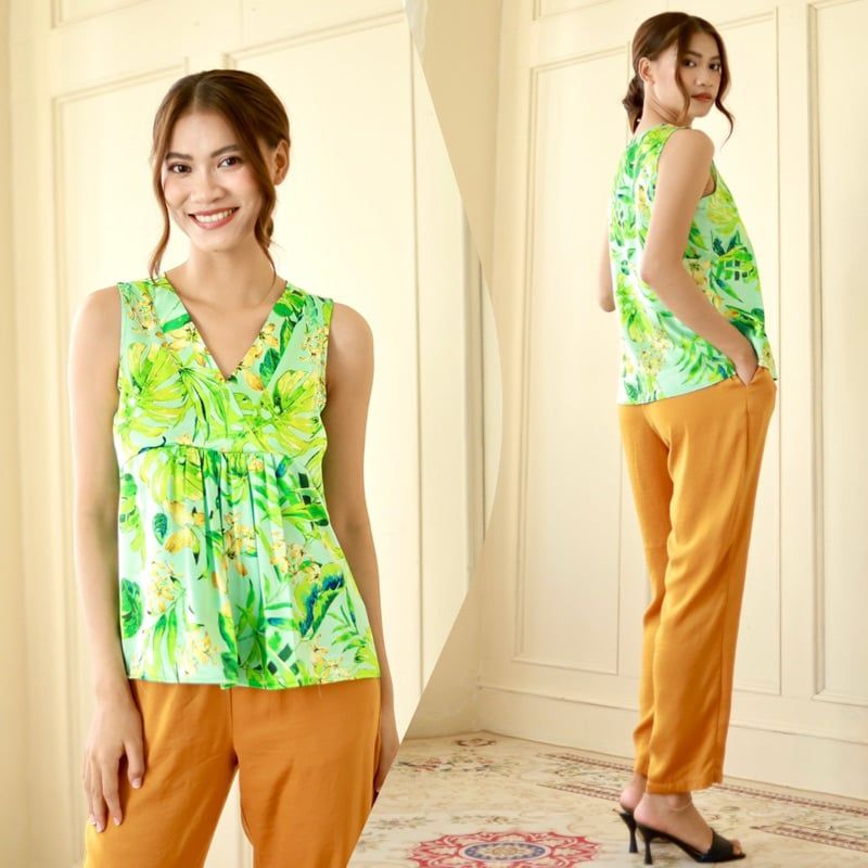 Đồ bộ quần dài mặc nhà cổ V phối màu không tay Infashion