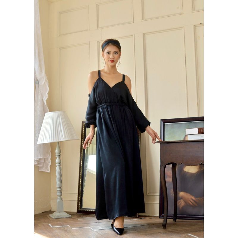 Đầm maxi tay liền trơn có kèm bút nịt và khăn turban