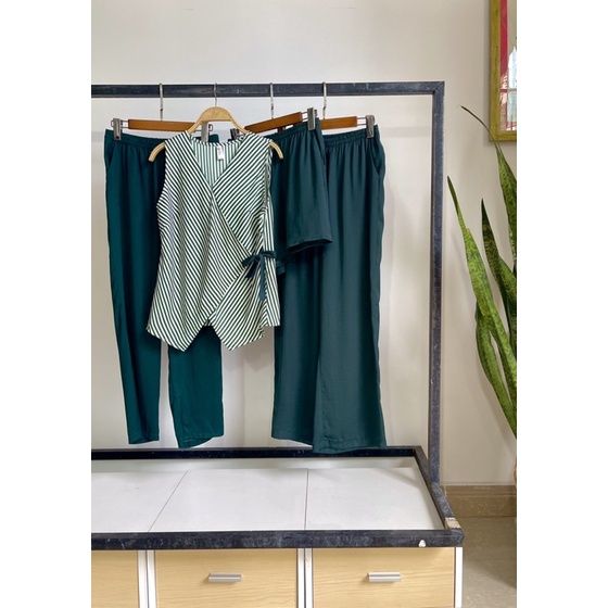 Set bộ lụa quần dài ống rộng áo sọc nhấn nơ Infashion