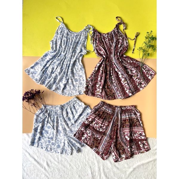 Bộ đùi mặc nhà lụa cotton cổ yếm Infashion