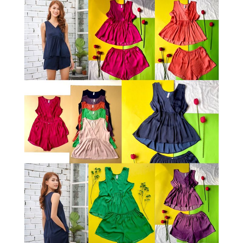 Đồ bộ lụa đùi mặc nhà cổ V nhún không tay Infashion
