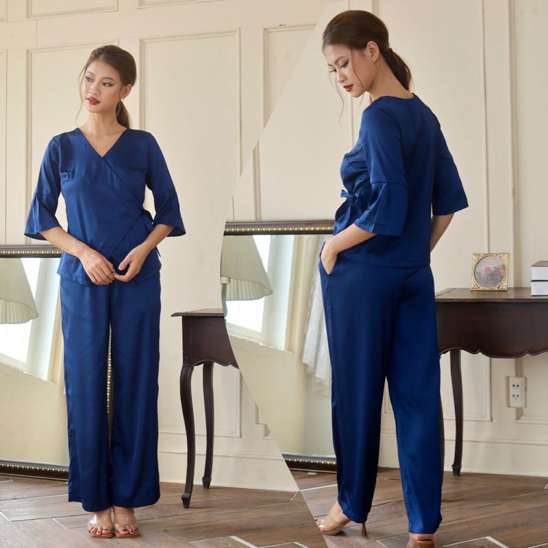 Bộ dài mặc nhà lụa satin co giãn tay lỡ cổ V Infashion