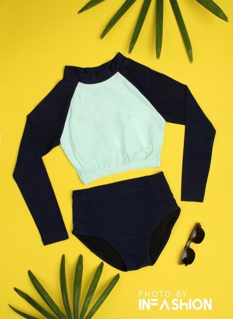 Áo bơi tay dài nữ phối 2 màu infashion