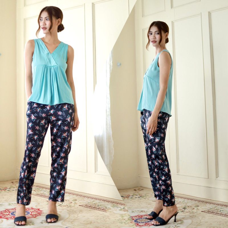 Đồ bộ quần dài mặc nhà cổ V phối màu không tay Infashion