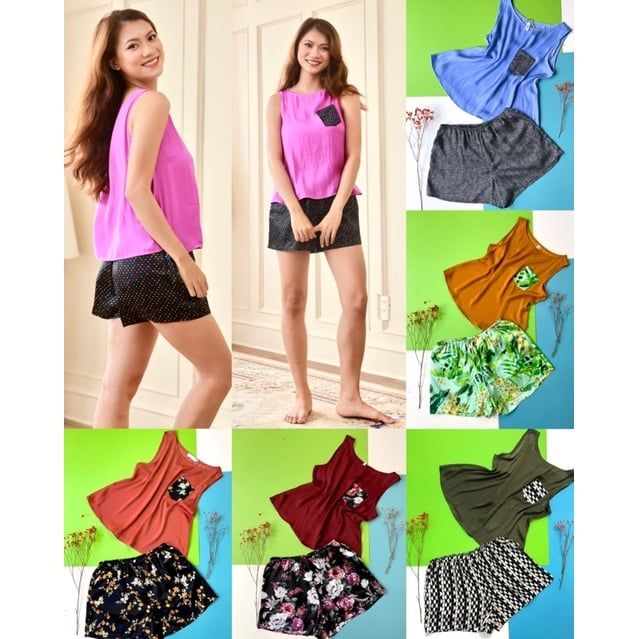 Bộ đùi lụa mặc nhà cổ tròn phối màu và hoa văn Infashion