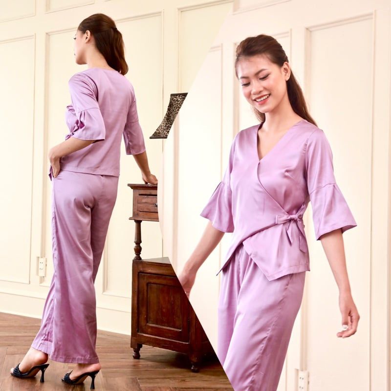 Bộ dài mặc nhà lụa satin co giãn tay lỡ cổ V Infashion