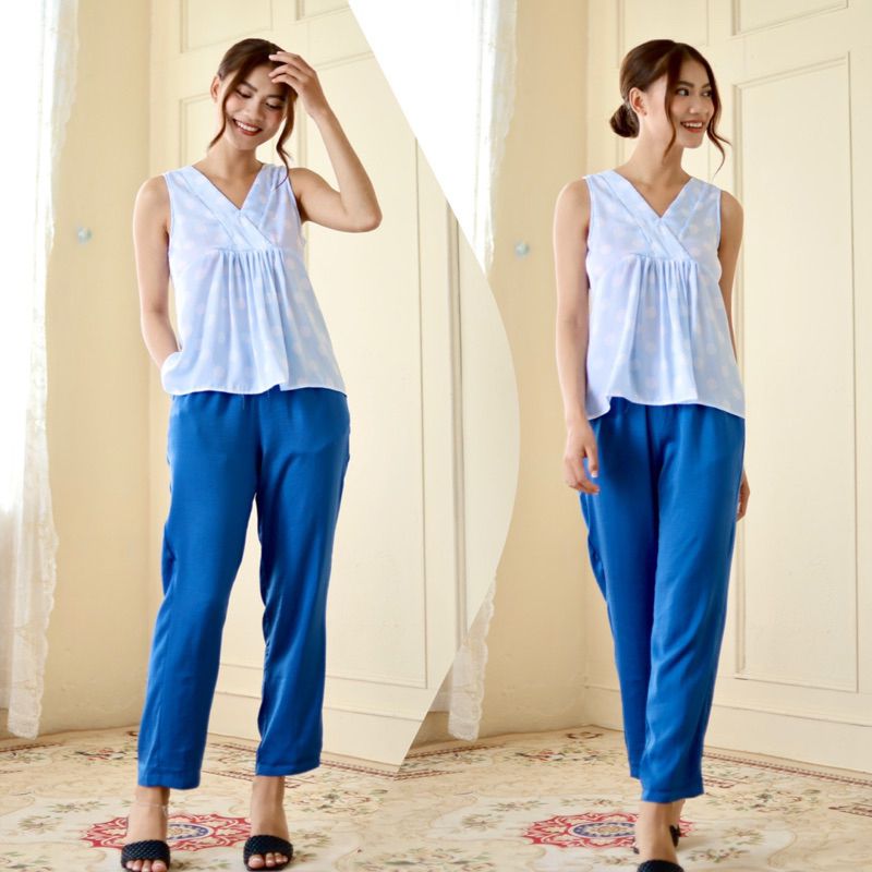 Đồ bộ quần dài mặc nhà cổ V phối màu không tay Infashion
