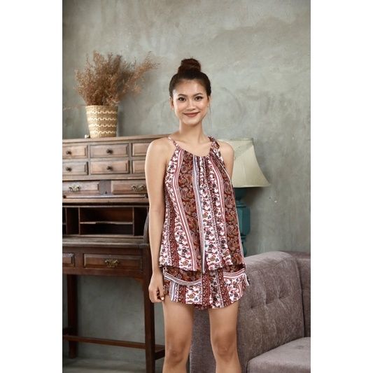 Bộ đùi mặc nhà lụa cotton cổ yếm Infashion