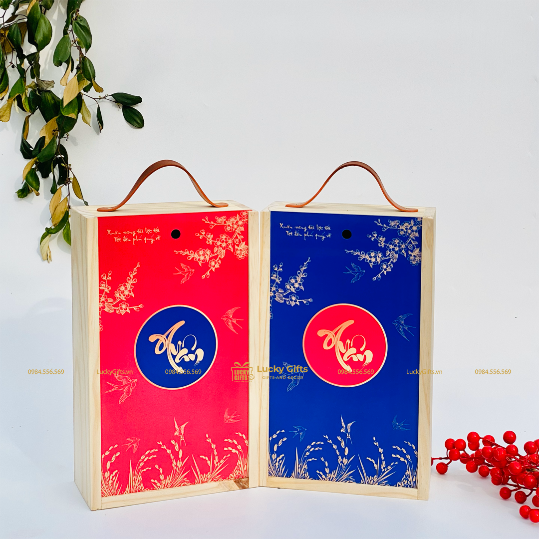Hộp gỗ thông đựng rượu, quà Tết in uv song én
