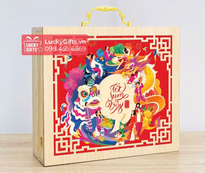 Hộp gỗ thông đựng quà Tết 2026 tết sum vầy - LuckyGifts