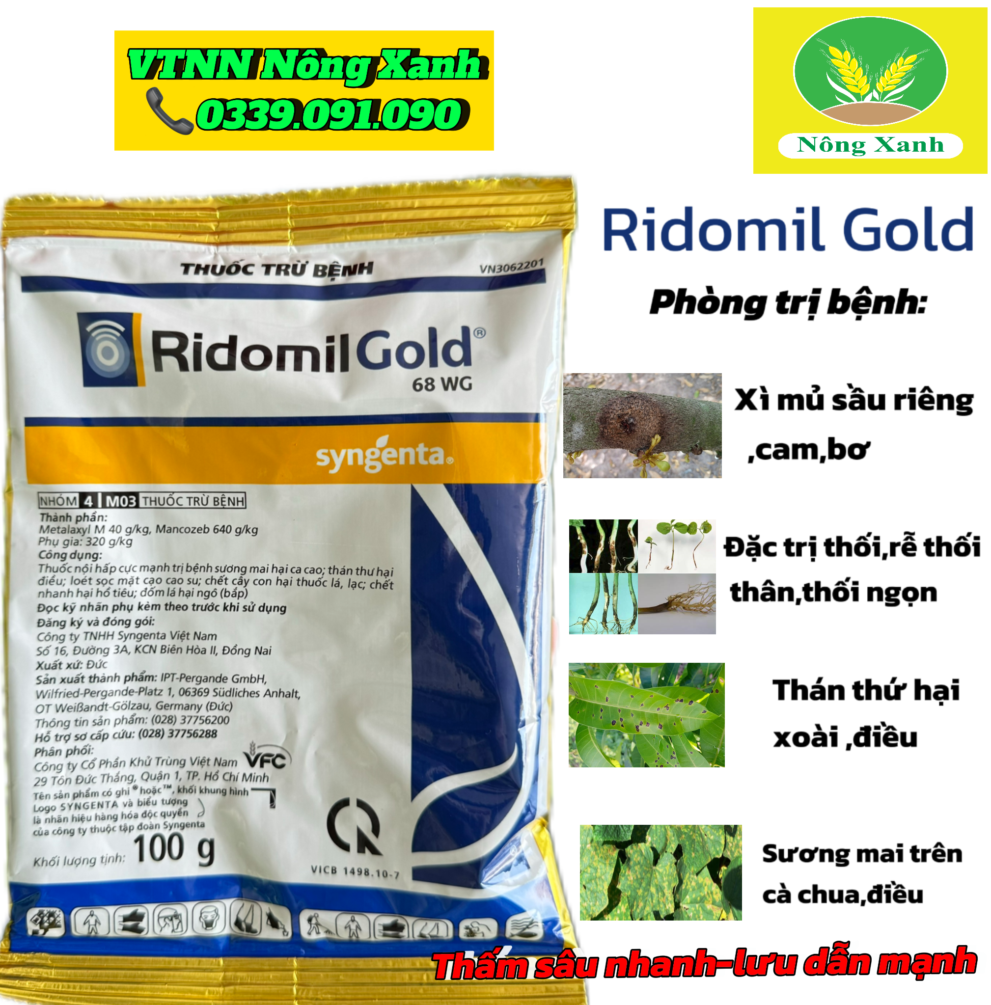 Đặc trị vàng lá mai vàng, đốm lá hoa hồng, đốm lá hoa lan, chết nhanh hồ tiêu Ridomin Gold 68WG - Ridomil