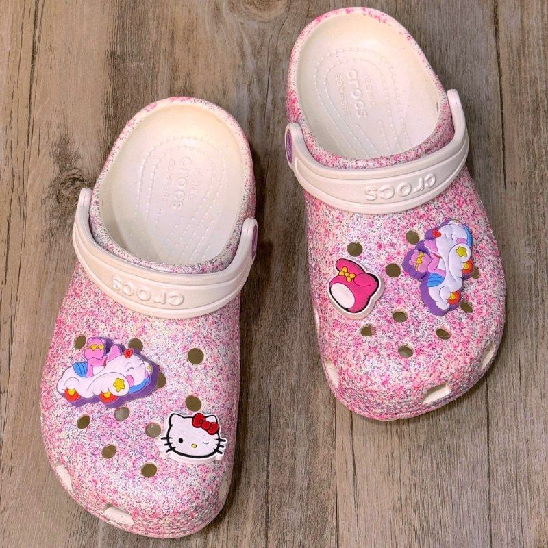 Dép Crocs Kid Clog Glitter HN White/Pink