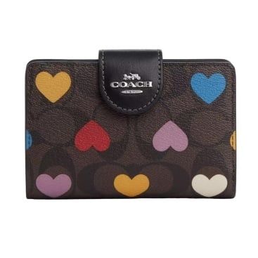 Ví Coach Medium Corner Zip Wallet In Signature Canvas With Heart Print DS D.Brown