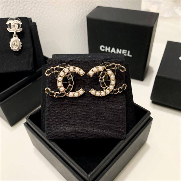 Bông tai - Chanel Logo phối da DS Vàng