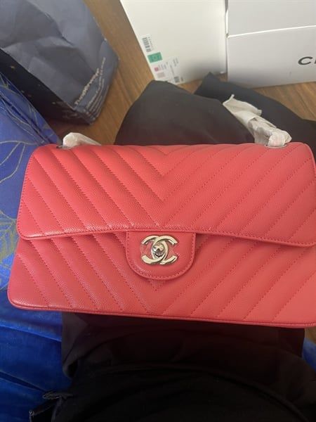 Túi đeo chéo Chanel Chevron caviar classic flap bag DS Hồng cam