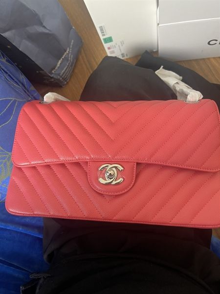 Túi đeo chéo Chanel Chevron caviar classic flap bag DS Hồng cam