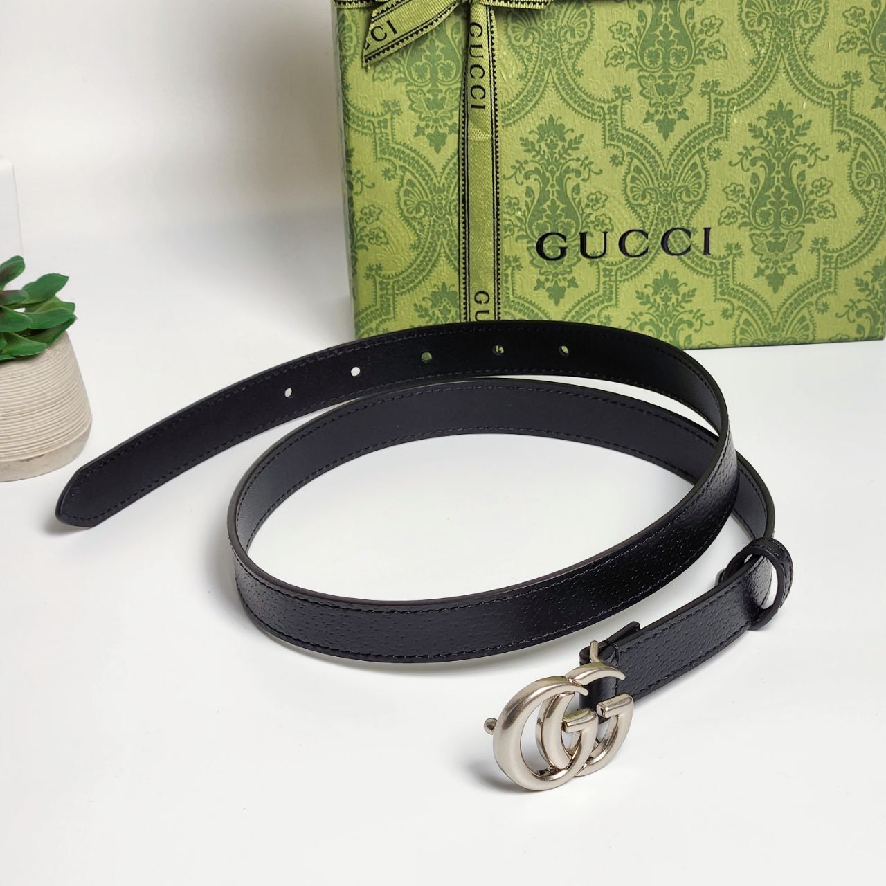 Dây Nịt Gucci With Double G Mini Khoá Bạc DS Đen
