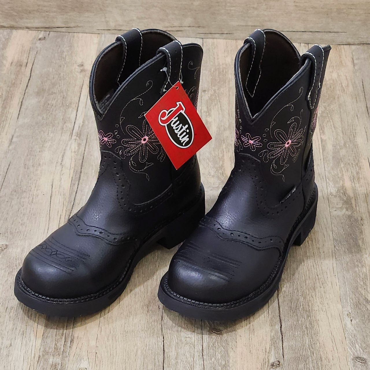 Giày boot Justin da ngựa hoa thêu trắng HN Đen