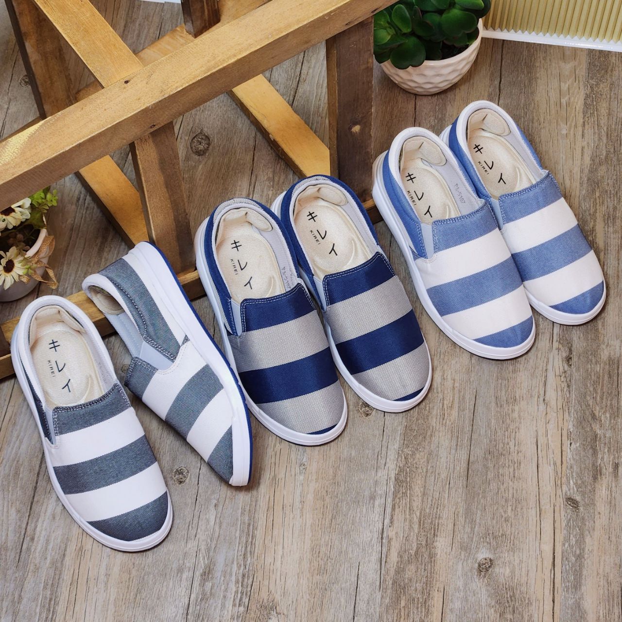 Giày Nhật Kirei walk canvas sọc KH Xám Xanh