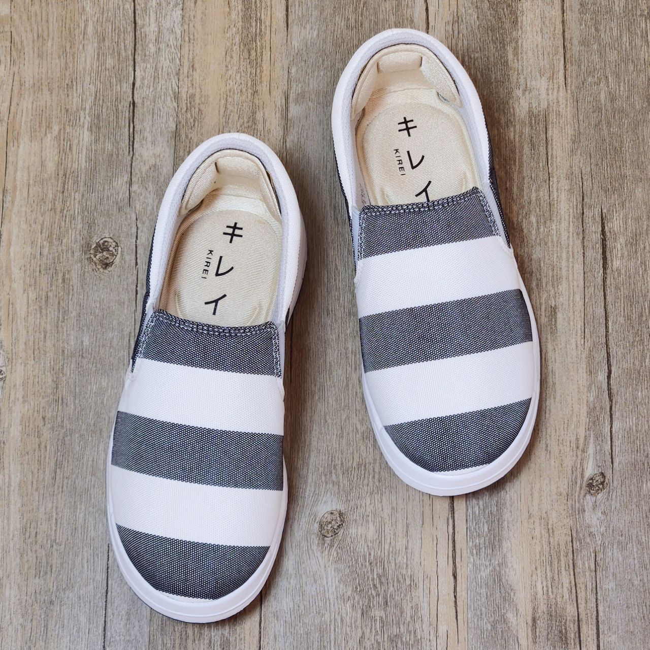 Giày Nhật Kirei walk canvas sọc KH Xám trắng