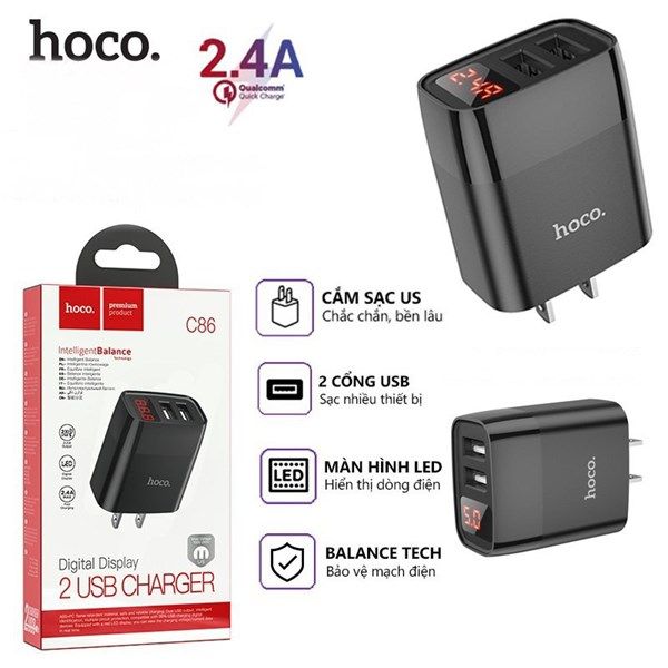 Cóc sạc Hoco C86/C86A 2U 2.4A LED