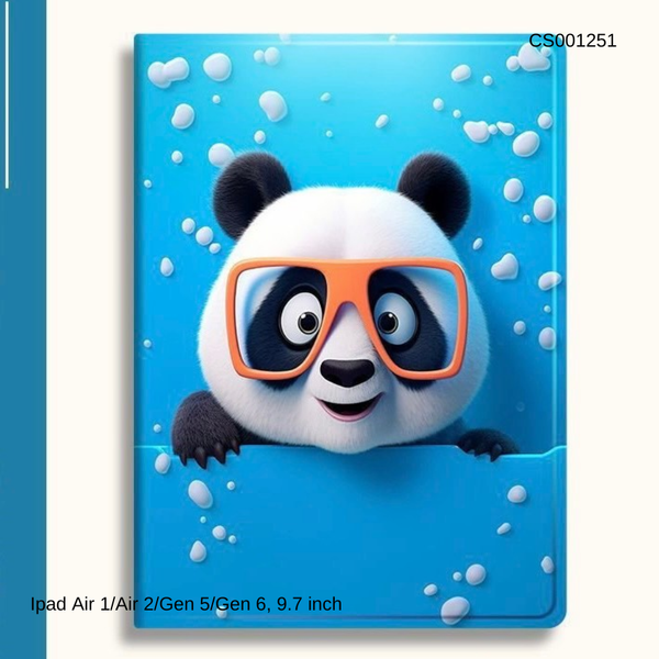 Bao da Ipad Air 1/Air 2/Gen 5/Gen 6, 9.7 inch Panda đeo kính nền xanh