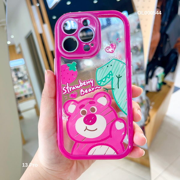 ** Ốp IP 13 Pro trong cứng Strawberry Bear nút trắng