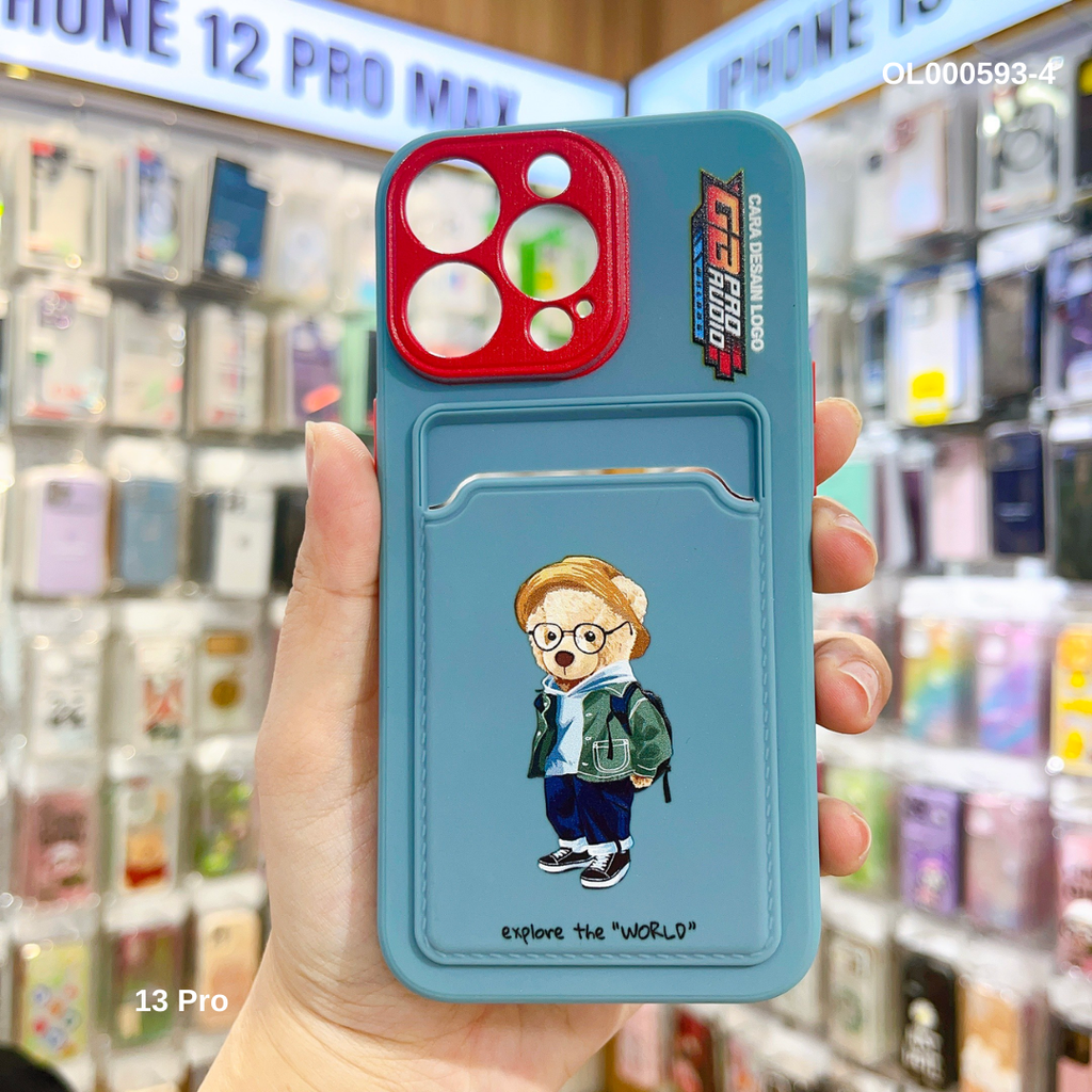 Ốp IP 13 Pro nhựa cứng gấu Teddy ví card