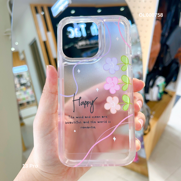 ** Ốp IP 13 Pro Happy 3 hoa ngang nút bạc