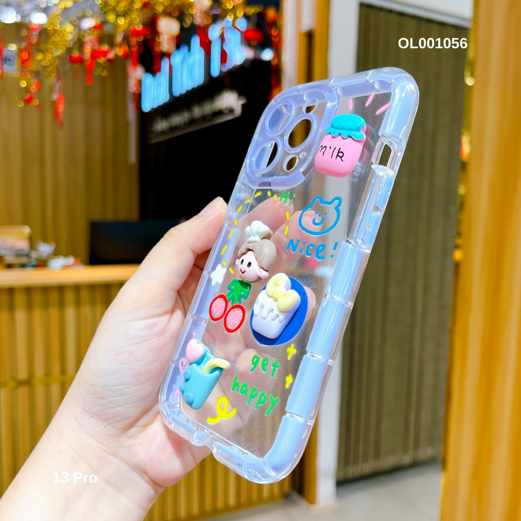 Ốp IP 13 Pro dẻo trong đính sticker viền ngắt khúc