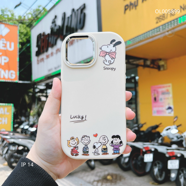 Ốp IP 14 6.1 dẻo in Snoopy Lucky bo viền Kem