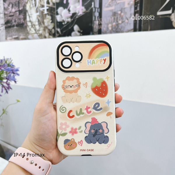 ** Ốp IP 14 Pro Max Vân da sần in Sư tử và Voi Cute