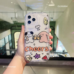 ** Ốp IP 12 Pro Max dẻo trong in 2 bé Cún Cheers viền sóng