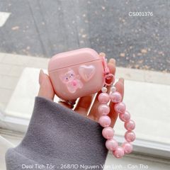 ** Case Airpods Pro silicon hồng nhạt đính mèo và trái tim