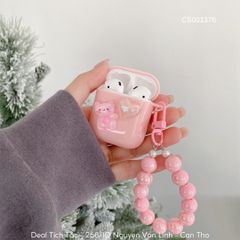 ** Case Airpods 1/2 silicon hồng nhạt đính mèo và trái tim