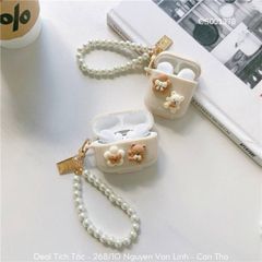 ** Case Airpods 1/2 silicon nâu nhạt đính gấu và hoa nâu