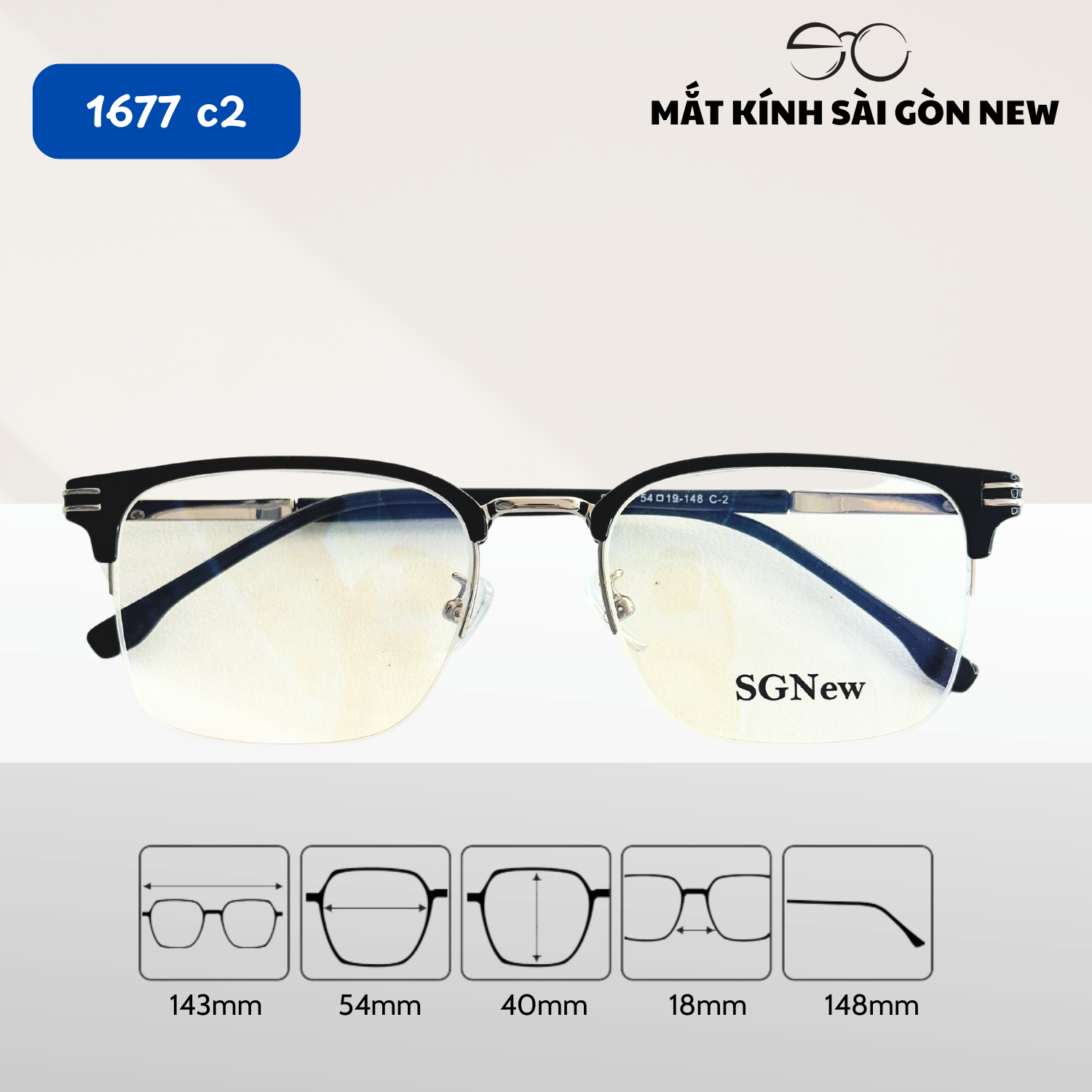Gọng kính Nam Kim loại x Nhựa dẻo nửa khung viền dây cước SGNew