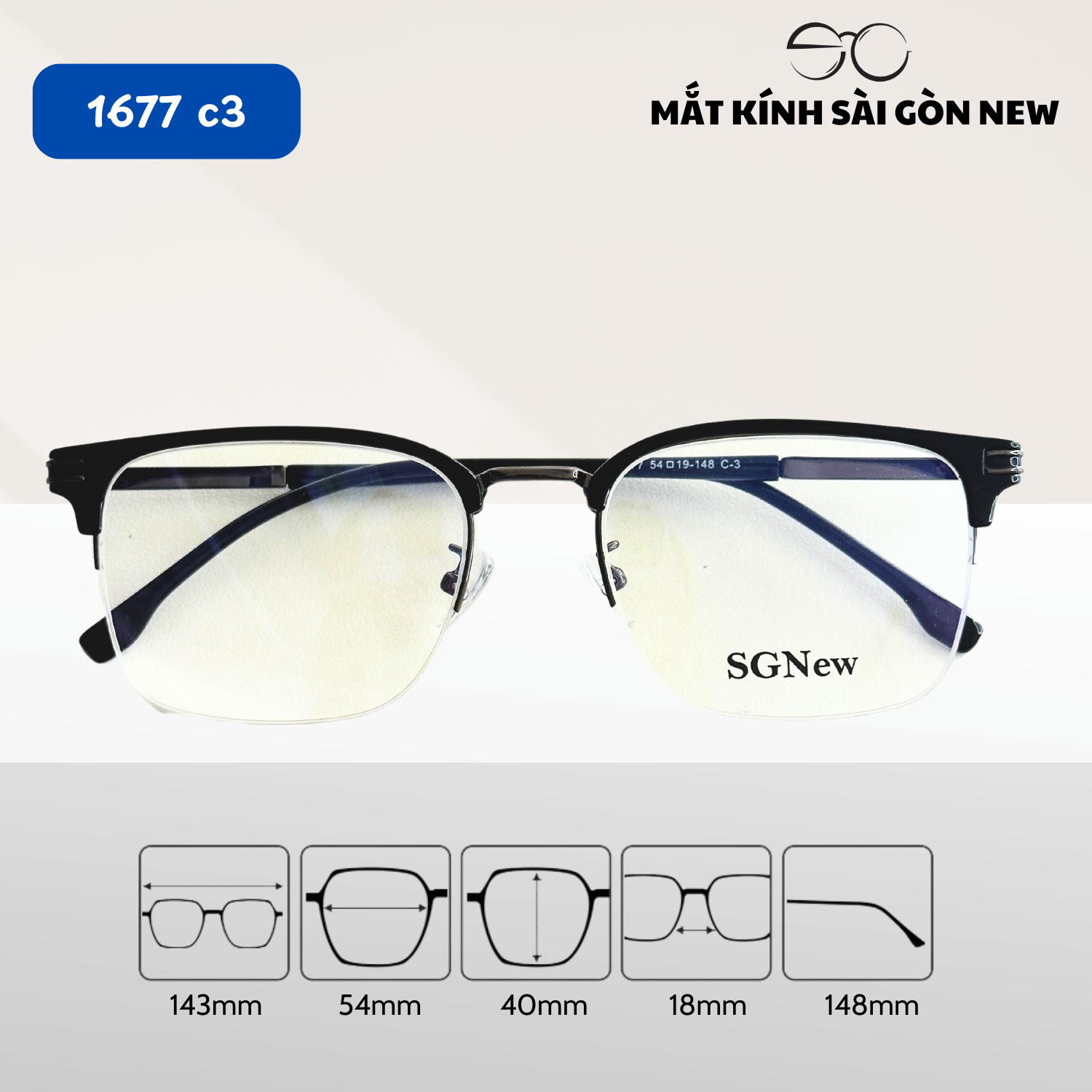 Gọng kính Nam Kim loại x Nhựa dẻo nửa khung viền dây cước SGNew