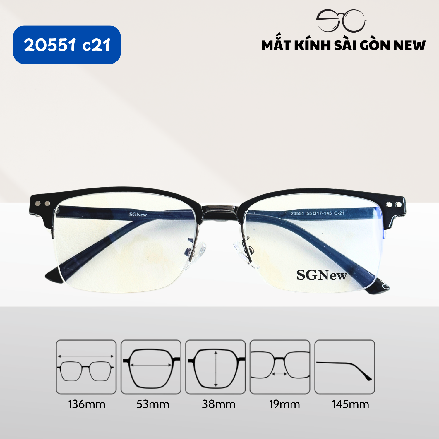 Gọng kính Nam Kim loại x Nhựa dẻo nửa khung viền dây cước SGNew
