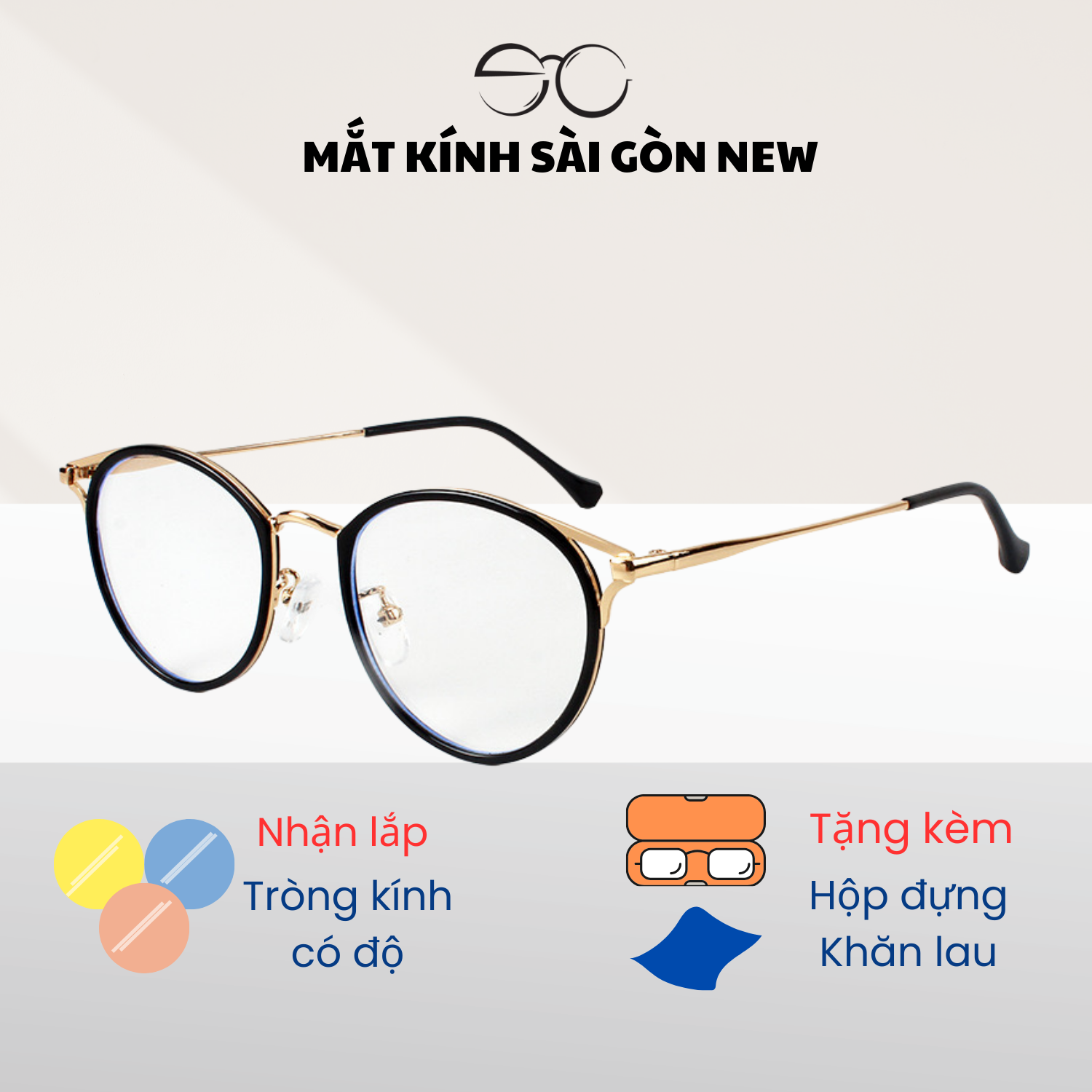 Gọng kính Mắt mèo Tròn Kim loại x Nhựa dẻo Unisex Nam Nữ 22007