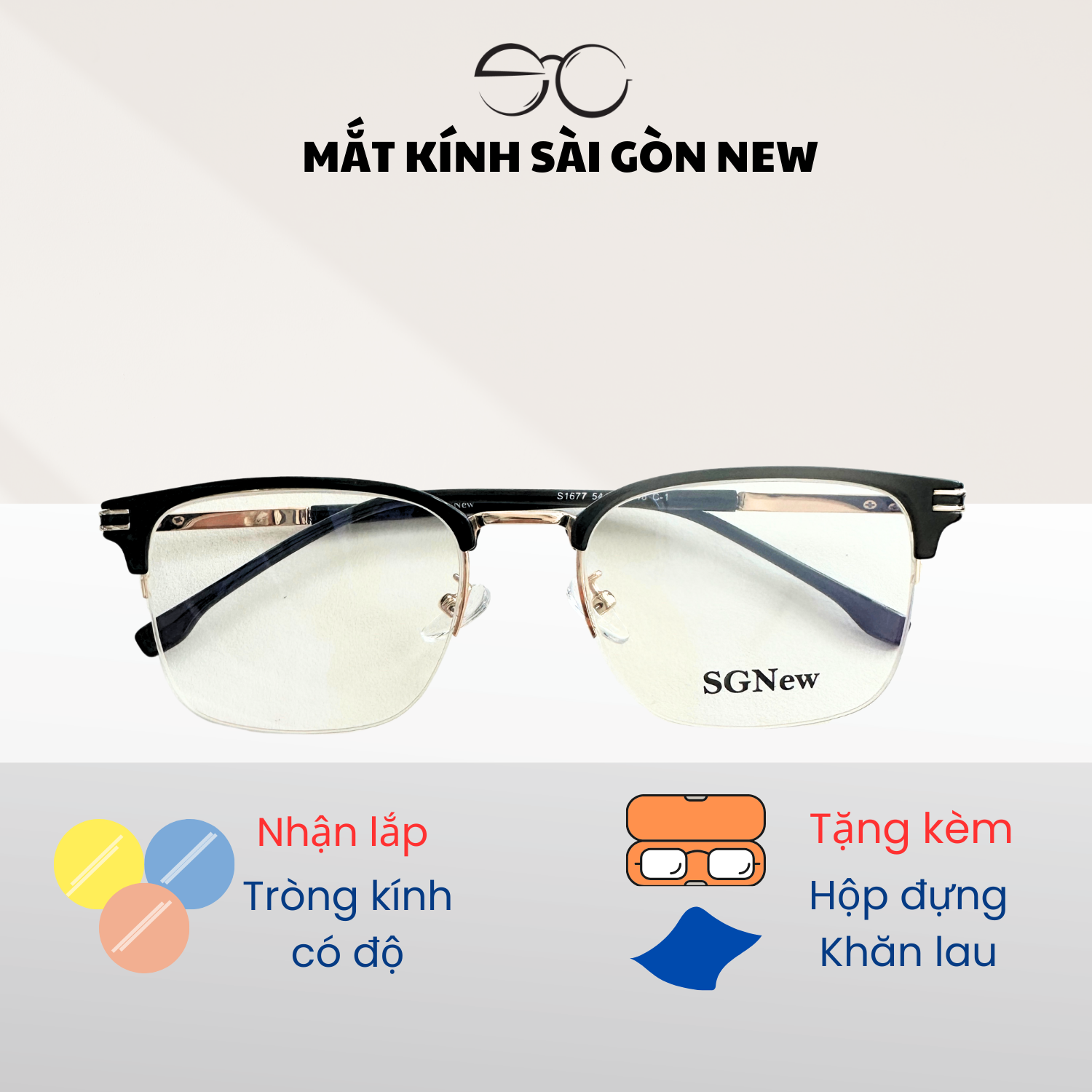Gọng kính Nam Kim loại x Nhựa dẻo nửa khung viền dây cước SGNew