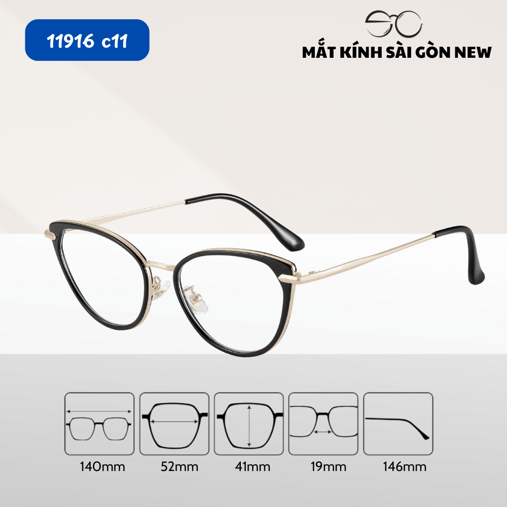 Gọng kính Mắt mèo Kim loại x Nhựa dẻo gọng kính Nữ cao cấp SGNew 11916