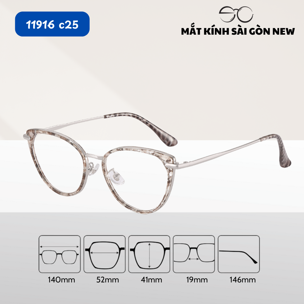 Gọng kính Mắt mèo Kim loại x Nhựa dẻo gọng kính Nữ cao cấp SGNew 11916