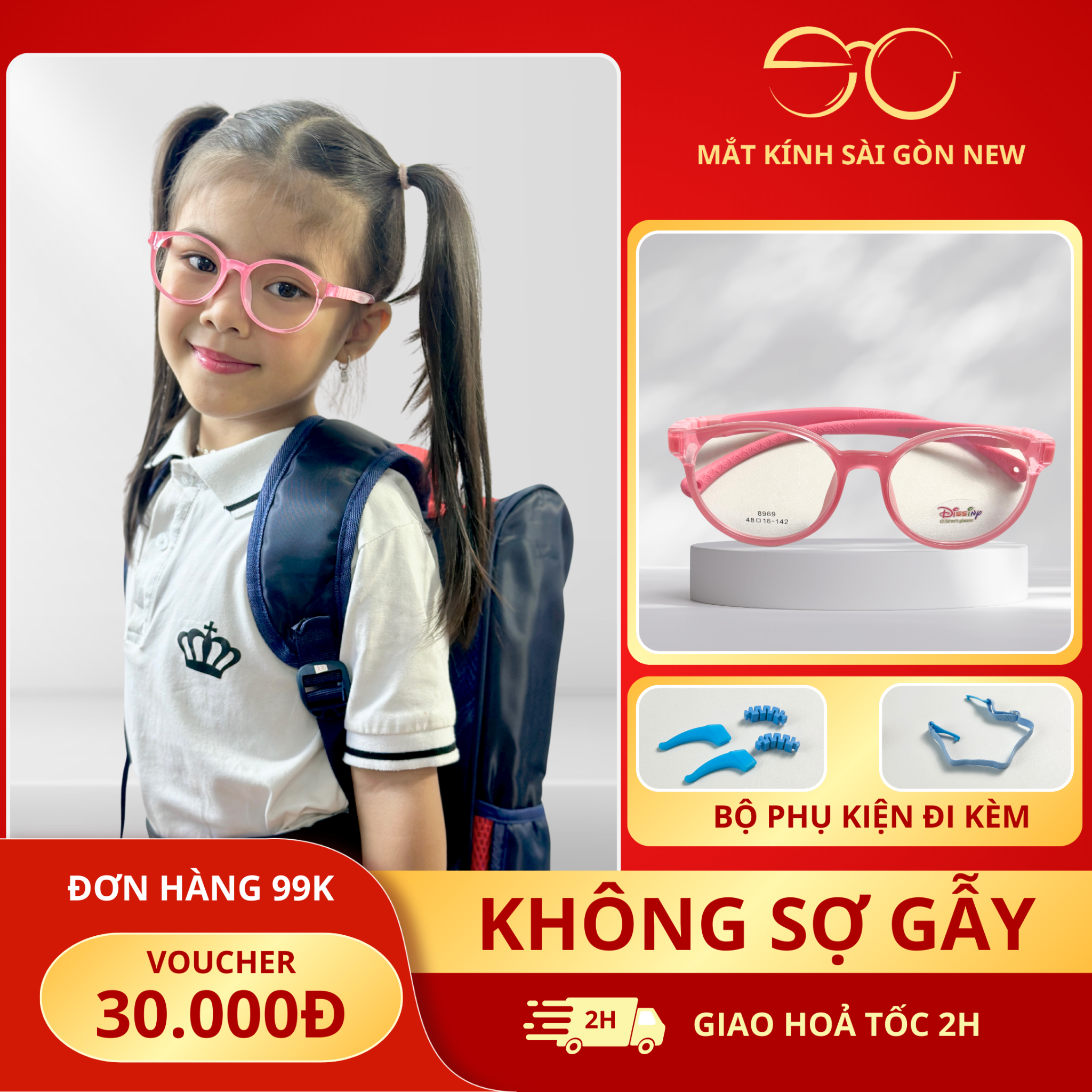 Gọng kính cận viễn loạn Trẻ em Tròn Nhựa dẻo khó gãy nhẹ bền SGNew 8969