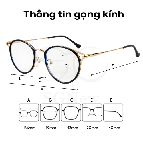 Gọng kính Mắt mèo Tròn Kim loại x Nhựa dẻo Unisex Nam Nữ 22007
