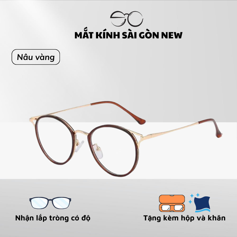 Gọng kính Mắt mèo Tròn Kim loại x Nhựa dẻo Unisex Nam Nữ 22007
